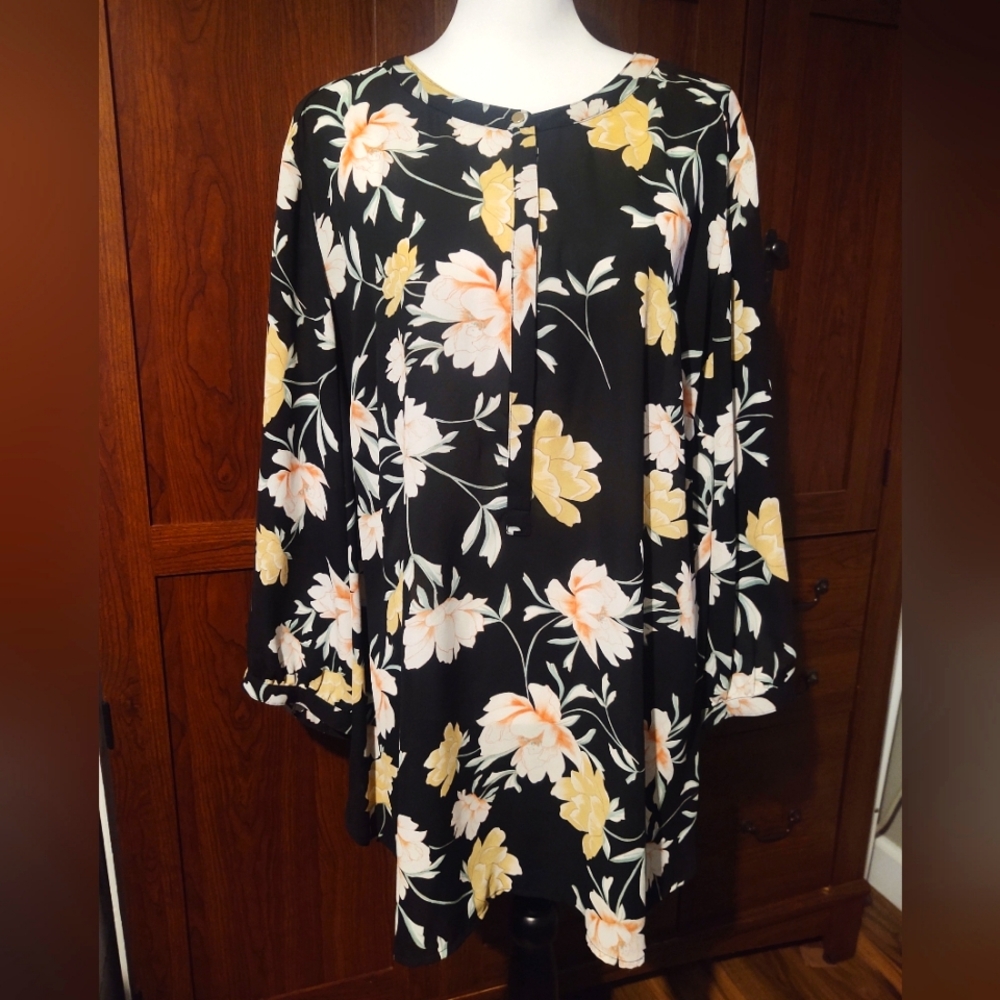 JM Collection Blouse Sz 3XL Sheer Black Floral